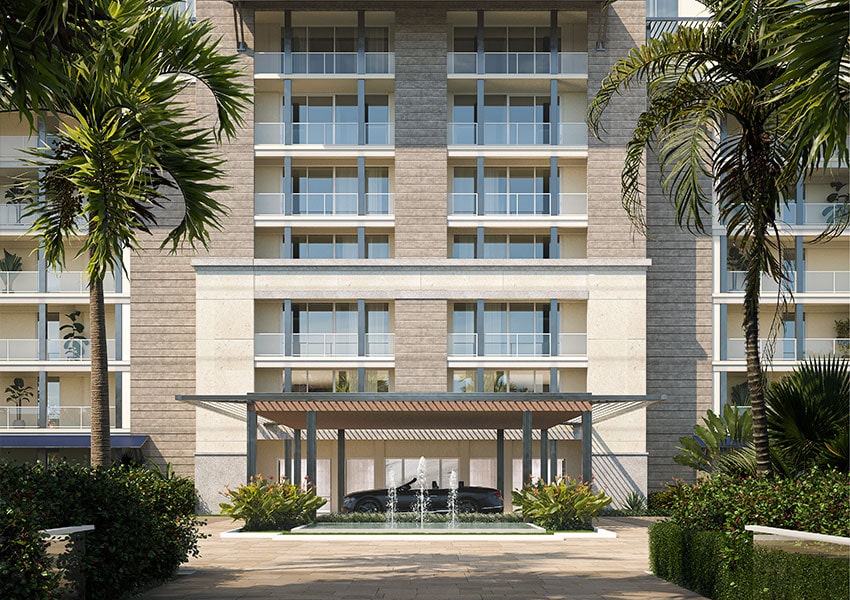 rendering of the port cochere at island west bay