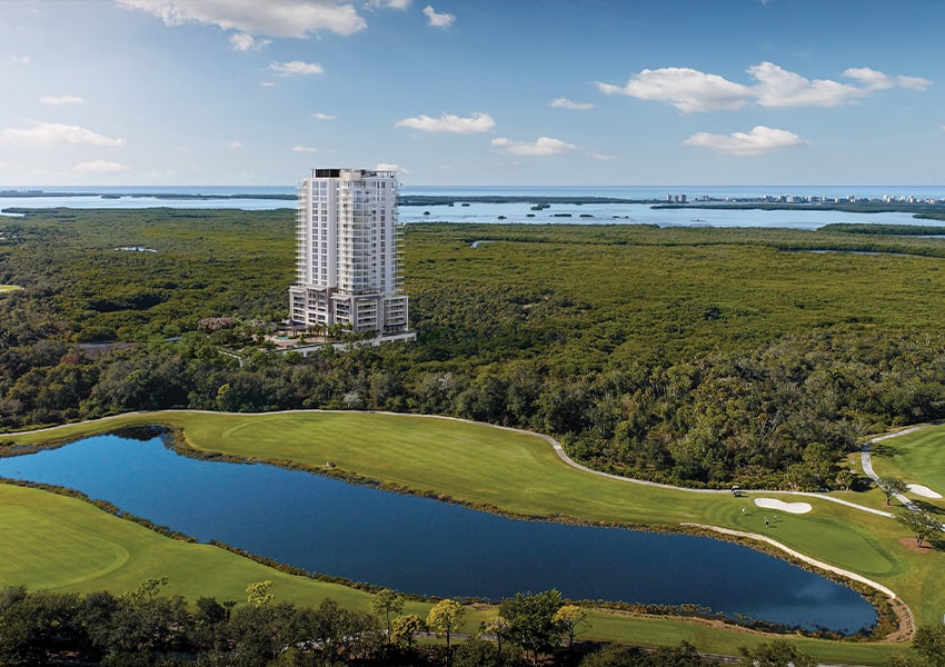 The Island at West Bay aerial of the secure condo Island at West Bay
