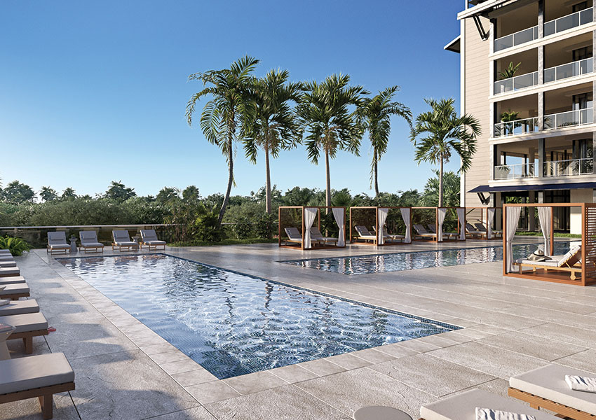rendering of the pool and cabanas at island west bay