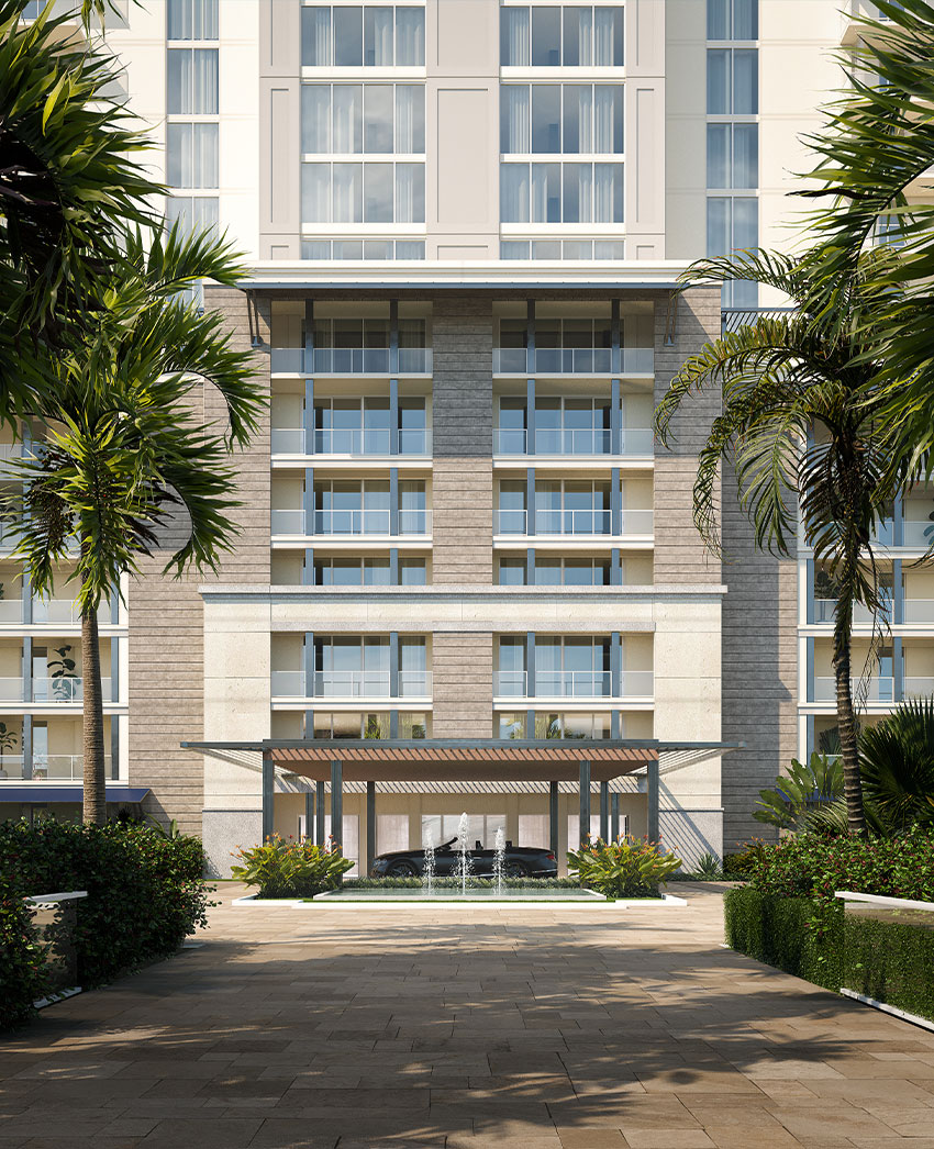 exterior rendering of the port cochere at the island at west bay