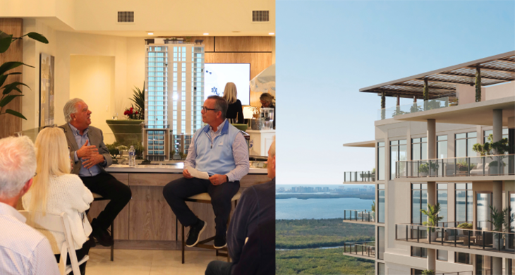 Split image of community discussion and waterfront condominium exterior.