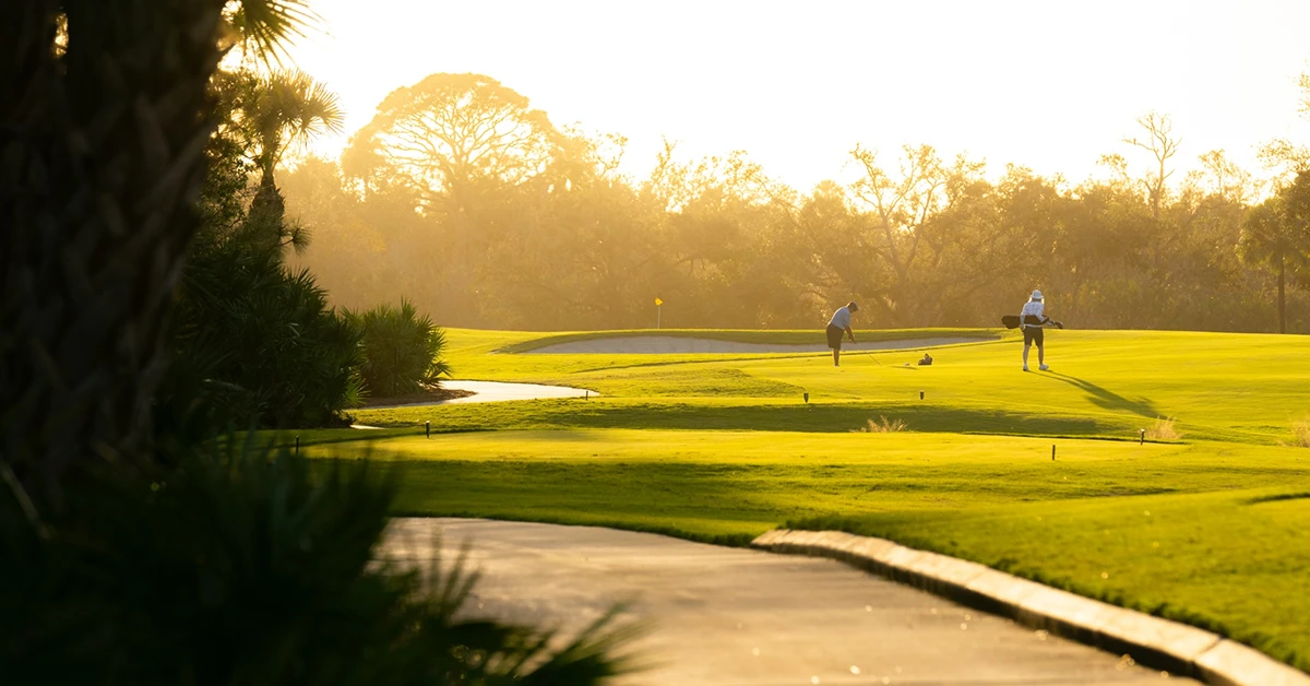 Golfers playing on a sunlit green during sunset.